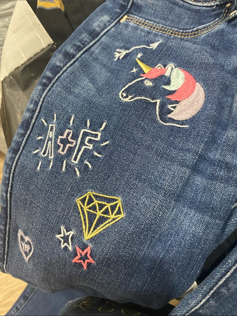 Abercrombie & Fitch Blue Unicorn Embroidered Jeans